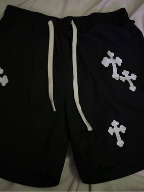 Men's Black Athletic Drawstring Shorts with White Cross Accents